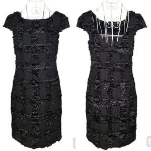 Theia Black with Metallic Black Eyelash Fringe Sheath Dress Size 6